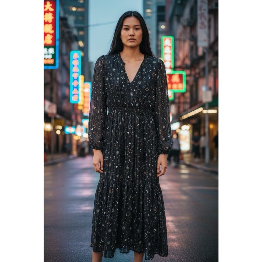 NWT Apricot Women Black Constellation Tassel Boho Midaxi Dress Size 6 Bohemian